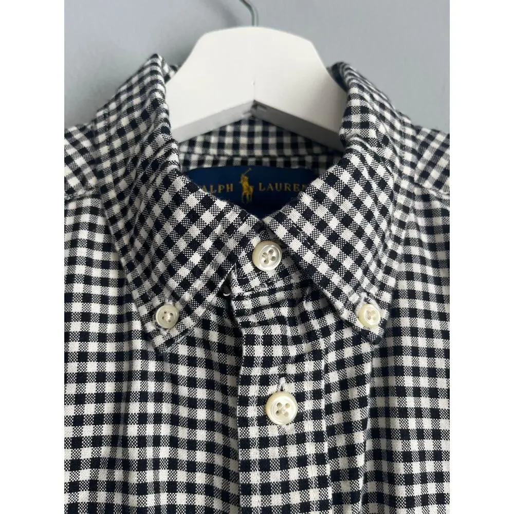 Ralph Lauren Kids M 10-12 Black White Gingham Check Button Down Shirt Preppy